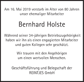 Traueranzeige von Bernhard Holste von Deister- und Weserzeitung