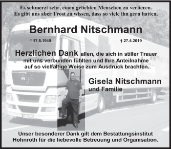 Traueranzeige von Bernhard Nitschmann von Deister- und Weserzeitung