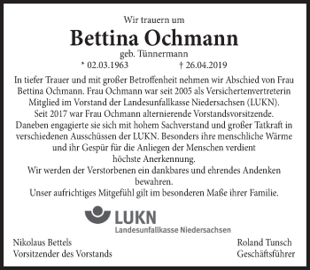 Traueranzeige von Bettina Ochmann von Deister- und Weserzeitung