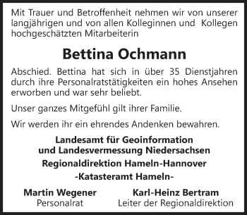 Traueranzeige von Bettina Ochmann von Deister- und Weserzeitung