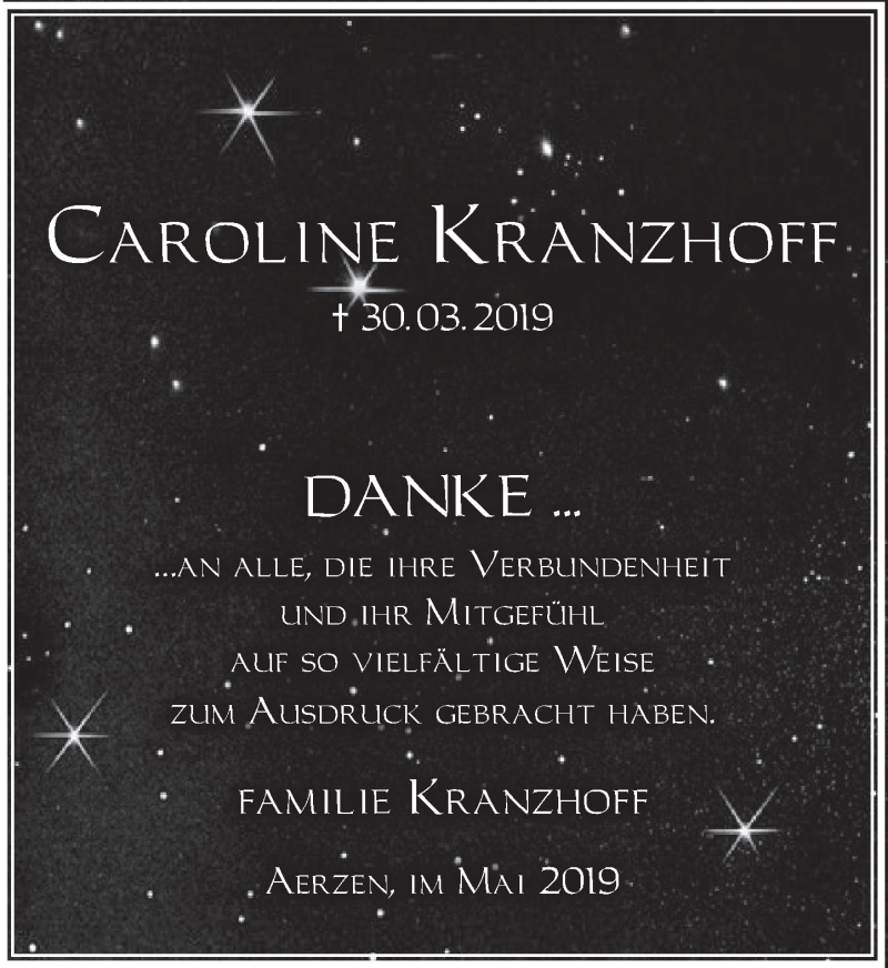  Traueranzeige für Caroline Kranzhoff vom 04.05.2019 aus Deister- und Weserzeitung