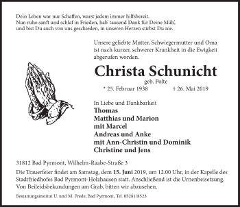 Traueranzeige von Christa Schunicht von Deister- und Weserzeitung