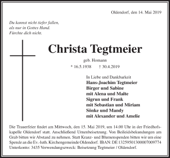 Traueranzeige von Christa Tegtmeier von Deister- und Weserzeitung