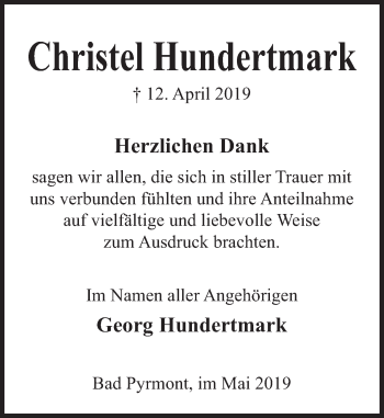 Traueranzeige von Christel Hundertmark von Deister- und Weserzeitung