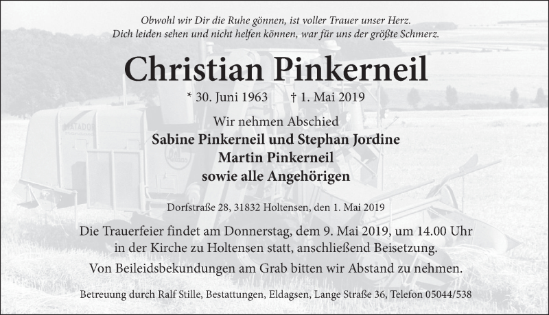  Traueranzeige für Christian Pinkerneil vom 04.05.2019 aus Neue Deister-Zeitung