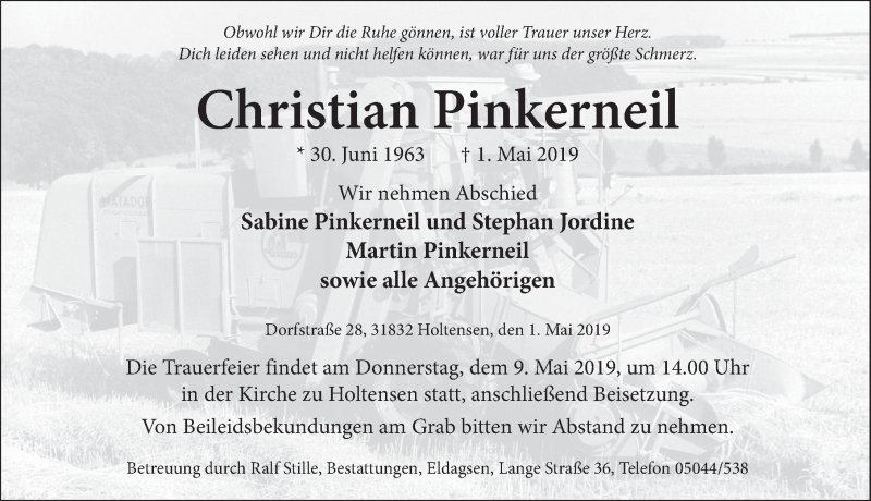  Traueranzeige für Christian Pinkerneil vom 04.05.2019 aus Deister- und Weserzeitung