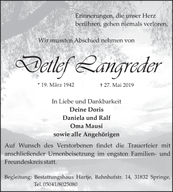 Traueranzeige von Detlef Langreder von Neue Deister-Zeitung