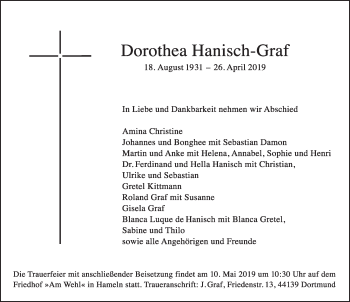 Traueranzeige von Dorothea Hanisch-Graf von Deister- und Weserzeitung