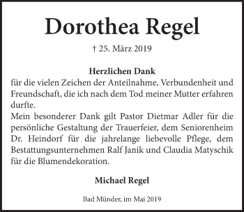 Traueranzeige von Dorothea Regel von Neue Deister-Zeitung