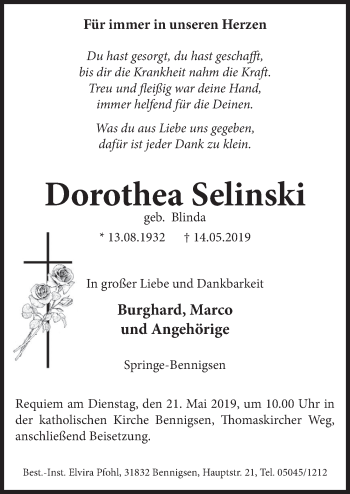 Traueranzeige von Dorothea Selinski von Neue Deister-Zeitung