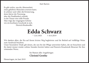 Traueranzeige von Edda Schwarz von Deister- und Weserzeitung