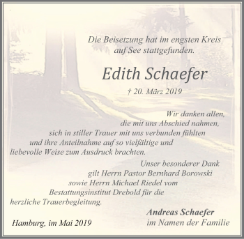 Traueranzeige von Edith Schaefer von Deister- und Weserzeitung
