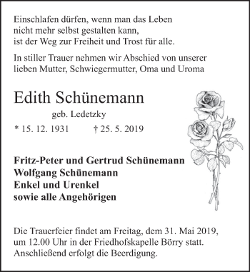 Traueranzeige von Edith Schünemann von Deister- und Weserzeitung