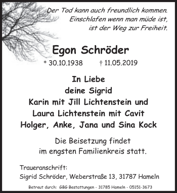 Traueranzeige von Egon Schröder von Deister- und Weserzeitung