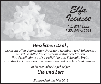 Traueranzeige von Elfa Isensee von Deister- und Weserzeitung