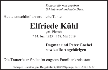 Traueranzeige von Elfriede Kühl von Neue Deister-Zeitung