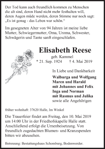 Traueranzeige von Elisabeth Reese von Deister- und Weserzeitung