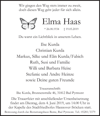 Traueranzeige von Elma Haas von Deister- und Weserzeitung
