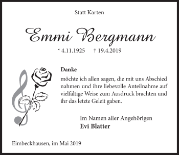 Traueranzeige von Emmi Bergmann von Deister- und Weserzeitung