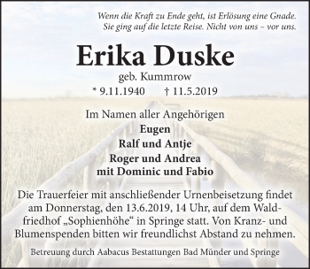 Traueranzeige von Erika Duske von Deister- und Weserzeitung