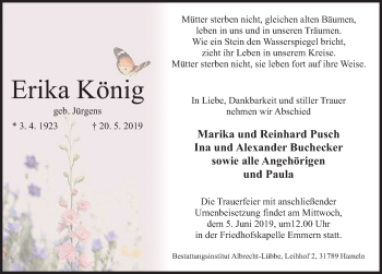 Traueranzeige von Erika König von Deister- und Weserzeitung