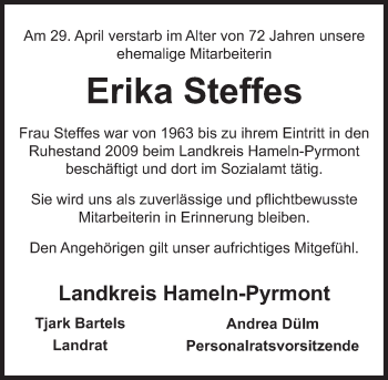 Traueranzeige von Erika Steffes von Deister- und Weserzeitung