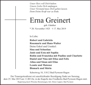 Traueranzeige von Erna Greinert von Deister- und Weserzeitung
