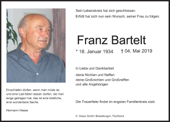 Traueranzeige von Franz Bartelt von Deister- und Weserzeitung