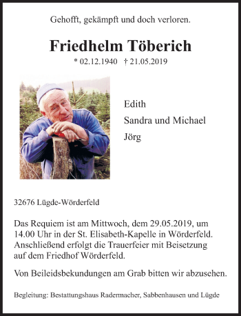 Traueranzeige von Friedhelm Töberich von Deister- und Weserzeitung