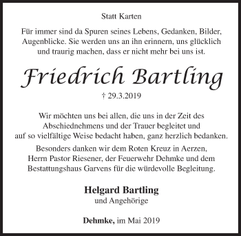 Traueranzeige von Friedrich Bartling von Deister- und Weserzeitung