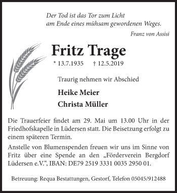 Traueranzeige von Fritz Trage von Neue Deister-Zeitung