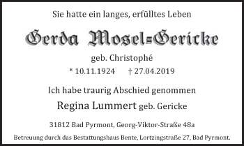 Traueranzeige von Gerda Mosel-Gericke von Deister- und Weserzeitung