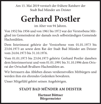 Traueranzeige von Gerhard Postler von Neue Deister-Zeitung