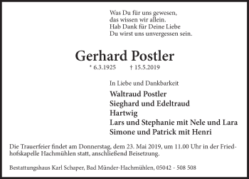 Traueranzeige von Gerhard Postler von Neue Deister-Zeitung