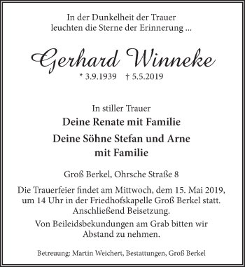 Traueranzeige von Gerhard Winneke von Deister- und Weserzeitung