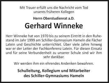 Traueranzeige von Gerhard Winneke von Deister- und Weserzeitung
