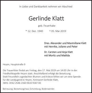 Traueranzeige von Gerlinde Klatt von Deister- und Weserzeitung