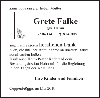 Traueranzeige von Grete Falke von Deister- und Weserzeitung