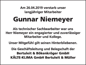 Traueranzeige von Gunnar Niemeyer von Deister- und Weserzeitung