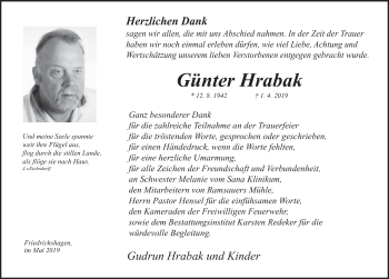 Traueranzeige von Günter Hrabak von Deister- und Weserzeitung