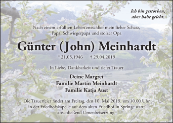 Traueranzeige von Günter  Meinhardt von Neue Deister-Zeitung