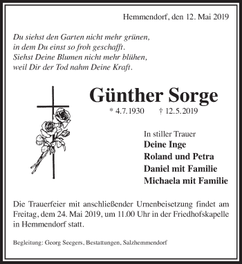 Traueranzeige von Günther Sorge von Deister- und Weserzeitung