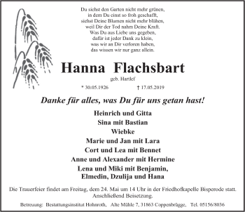 Traueranzeige von Hanna Flachsbart von Deister- und Weserzeitung