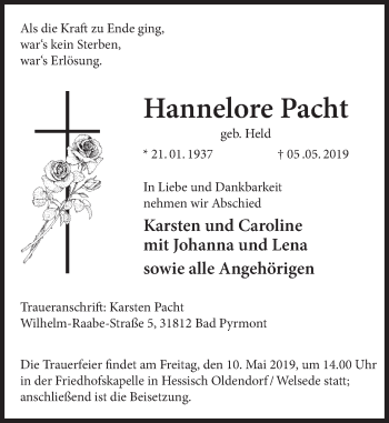 Traueranzeige von Hannelore Pacht von Deister- und Weserzeitung