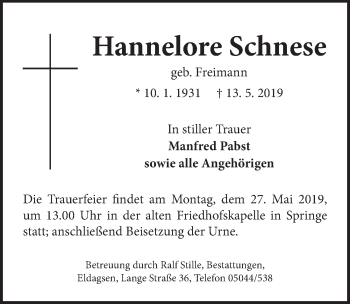 Traueranzeige von Hannelore Schnese von Neue Deister-Zeitung