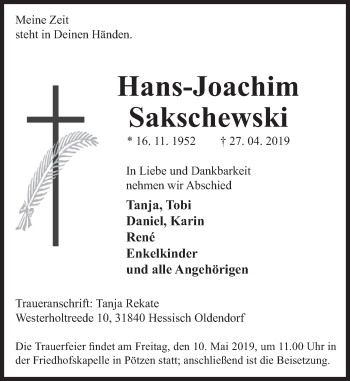Traueranzeige von Hans-Joachim Sakschewski von Deister- und Weserzeitung