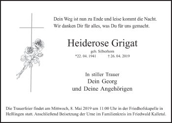 Traueranzeige von Heiderose Grigat von Deister- und Weserzeitung