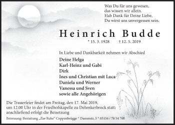 Traueranzeige von Heinrich Budde von Deister- und Weserzeitung