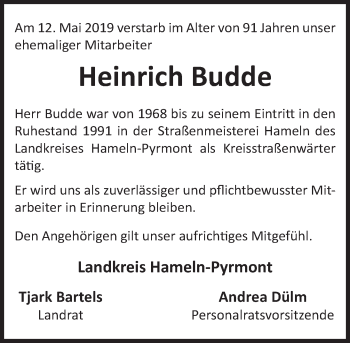 Traueranzeige von Heinrich Budde von Deister- und Weserzeitung