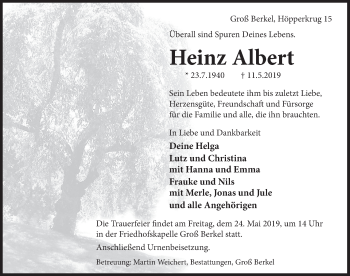 Traueranzeige von Heinz Albert von Deister- und Weserzeitung